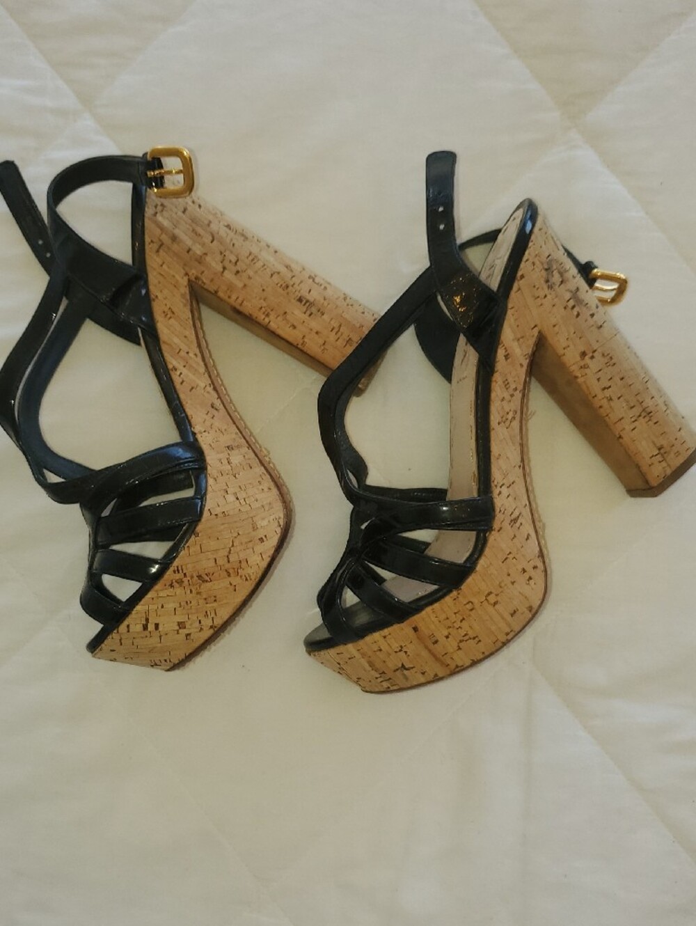 Prada Black Patent Leather Strappy Heels with Gold Buckle